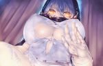  1girl belly_chain bracelet breasts close-up code_vein commentary_request covered_mouth covered_nipples dress from_below hair_between_eyes highres hood hood_up huge_breasts io_(code_vein) jewelry looking_down out-of-frame_censoring pale_skin silver_hair solo spikes torn_clothes torn_dress underboob white_dress yellow_eyes yuyu_nerica 