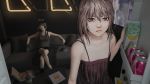  2girls bare_shoulders black_eyes black_hair blue_eyes bottle chinese_commentary coca-cola connor_(detroit) couch detroit:_become_human dress food girls_frontline highres long_hair m4a1_(girls_frontline) milk_carton multicolored_hair multiple_girls neon_lights pink_hair pink_lips pizza pizza_box playstation_controller refrigerator shorts soft_drink st_ar-15_(girls_frontline) streaked_hair tacshojosora tank_top ump45_(girls_frontline) wine_bottle 