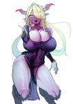  1girl absurdres bare_shoulders blonde_hair blue_eyes blue_hair breasts cleavage covered_navel covered_nipples detached_sleeves dress hair_over_one_eye highres horns large_breasts long_hair looking_at_viewer monster_girl open_mouth original pointy_ears purple_dress simple_background solo tail teeth tongue tongue_out white_background wwwazxc 