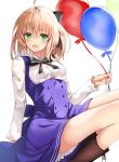  1girl :d ahoge artoria_pendragon_(all) balloon bangs black_bow black_neckwear black_ribbon blonde_hair blue_dress boots bow brown_footwear cross-laced_footwear dress eyebrows_visible_through_hair fate/grand_order fate/unlimited_codes fate_(series) green_eyes hair_bow highres holding_balloon long_sleeves looking_at_viewer open_mouth ribbon saber_lily short_hair simple_background sitting smile solo tukise_33 white_background 