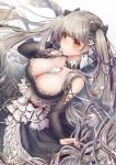  1girl absurdres azur_lane bangs bare_shoulders between_breasts black_dress black_nails blush breasts cleavage closed_mouth collarbone commentary_request dress dress_lift earrings eyebrows_visible_through_hair floating_hair formidable_(azur_lane) frilled_dress frills grey_hair hair_ribbon hand_in_hair highres jewelry large_breasts lifted_by_self long_hair long_sleeves looking_at_viewer orange_eyes ribbon smile solo standing suuzuki_ayato turret twintails two-tone_dress two-tone_ribbon very_long_hair 