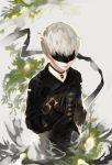  1boy black_blindfold black_gloves blindfold closed_mouth glitch gloves highres jewelry makashikami male_focus necklace nier_(series) nier_automata solo white_hair yorha_no._9_type_s 