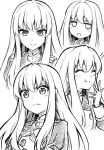  1girl blush_stickers closed_eyes closed_mouth commentary fire_emblem fire_emblem:_three_houses garreg_mach_monastery_uniform greyscale long_hair long_sleeves lysithea_von_ordelia monochrome multiple_views open_mouth simple_background smile tenchan_man uniform white_background 