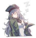  1girl blue_hair blush_stickers closed_eyes drooling g11_(girls_frontline) girls_frontline green_headwear green_jacket hat jacket long_hair off_shoulder scarf scarf_on_head shirt sleeping solo supernew white_shirt zzz 