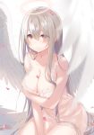  1girl angel angel_wings blurry breasts cleavage closed_mouth collarbone eyebrows_visible_through_hair eyes_visible_through_hair halo kurasawa_moko large_breasts long_hair looking_at_viewer original petals red_eyes silver_hair simple_background sitting smile solo white_background wings 