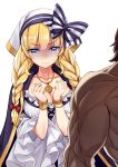  1boy 1girl blonde_hair blue_cape blue_eyes blush bow braid breasts cape character_request cleavage commentary_request cross cross_necklace dress eric_bloodaxe_(fate/grand_order) fate/grand_order fate_(series) hair_bow hair_ribbon highres huge_breasts jewelry long_hair looking_at_viewer matsuryuu muscle necklace red_ribbon ribbon simple_background solo_focus striped striped_bow tears twin_braids wavy_mouth white_background white_dress white_headwear 
