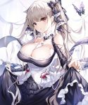  1girl :o azur_lane bangs bare_shoulders between_breasts black_butterfly black_dress blush breasts bug butterfly cleavage dress earrings eyebrows_visible_through_hair flight_deck formidable_(azur_lane) frilled_dress frills grey_hair hair_ribbon insect jewelry large_breasts long_hair long_sleeves looking_at_viewer narae red_eyes ribbon rigging skirt_hold solo twintails two-tone_dress two-tone_ribbon very_long_hair 