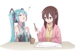  2girls aqua_hair aqua_neckwear bare_shoulders black_sleeves brown_eyes brown_hair closed_eyes commentary cup detached_sleeves eighth_note grey_shirt hair_ornament hand_up hands_clasped hatsune_miku headphones holding holding_pen light_blush long_hair looking_at_another master_(vocaloid) mug multiple_girls music musical_note necktie nejikyuu open_mouth own_hands_together paper pen shirt shoulder_tattoo singing sitting sleeveless sleeveless_shirt smile spoken_musical_note sweater table tattoo twintails upper_body very_long_hair vocaloid 