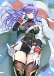  1girl :d adjusting_hair azur_lane bangs blue_sky breasts cape capelet cleavage cloak cloud collared_shirt epaulettes eyebrows_visible_through_hair flag garter_straps gloves hair_lift highres italian_flag large_breasts long_hair looking_at_viewer military military_uniform mole mole_on_thigh multicolored_cloak open_mouth purple_hair red_eyes red_neckwear see-through shirt sky smile thighhighs thighs trento_(azur_lane) uniform upskirt white_gloves yi_dianxia 