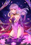  1girl bangs breasts closed_mouth cloud collarbone commentary_request dress earrings eyebrows_visible_through_hair fate/grand_order fate_(series) floating_hair flower hand_up horizon jewelry kama_(fate/grand_order) long_hair looking_at_viewer medium_breasts night night_sky outdoors petals pink_flower purple_dress purple_eyes purple_hair purple_legwear see-through sky solo standing star_(sky) starry_sky thighhighs villyane wading water 