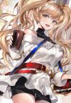  alternate_costume bandaid bandaid_on_face belt bendy_straw blonde_hair brown_eyes bubble_tea cup disposable_cup drink drinking_straw eyebrows_visible_through_hair granblue_fantasy highres hinahino long_hair looking_at_viewer monica_weisswind open_mouth princess_connect! scabbard sheath shorts smile sword twintails weapon 