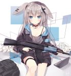  1girl :o ak-47 animal_ears assault_rifle backpack bag bangs black_choker black_jacket blue_eyes blush breasts bunny_ears choker cleavage collarbone commentary_request computer eyebrows_visible_through_hair grey_hair grey_shirt gun hair_between_eyes hair_ornament hairclip highres holding holding_gun holding_weapon hoshi_(snacherubi) jacket laptop long_hair long_sleeves looking_at_viewer off_shoulder open_clothes open_jacket original parted_lips rifle shirt sitting sleeves_past_wrists small_breasts solo stuffed_animal stuffed_bunny stuffed_toy target thigh_strap trigger_discipline very_long_hair weapon 