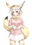  1girl aino-san_(miximixi39) animal_ear_fluff animal_ears black_hair blonde_hair blush bow bowtie breast_pocket closed_mouth cowboy_shot extra_ears fennec_(kemono_friends) fox_ears fox_tail gloves highres kemono_friends long_sleeves looking_at_viewer medium_hair miniskirt multicolored_hair own_hands_together pink_sweater pocket short_over_long_sleeves short_sleeve_sweater short_sleeves simple_background skindentation skirt solo sweater tail thighhighs white_background white_hair white_skirt yellow_eyes zettai_ryouiki 