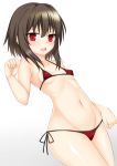  1girl bangs bare_arms bare_shoulders bikini black_bikini black_hair blush breasts collarbone commentary_request hair_between_eyes kono_subarashii_sekai_ni_shukufuku_wo! looking_at_viewer medium_hair megumin micro_bikini navel red_bikini red_eyes small_breasts solo swimsuit toshishikisai 