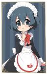  1girl :o alternate_costume apron black_dress black_hair blue_eyes blush bow bowtie commentary_request cowboy_shot dress enmaided eyebrows_visible_through_hair finger_to_mouth frilled_dress frills japari_symbol kaban_(kemono_friends) kemono_friends kemono_friends_3 long_sleeves maid maid_apron maid_dress maid_headdress no_hat no_headwear parted_lips ransusan red_neckwear short_hair sleeve_cuffs solo white_frills 