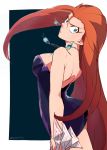  1girl ayu161 bare_shoulders blue_eyes breasts dress earrings forehead ghost_sweeper_mikami holding jewelry large_breasts lips long_hair looking_at_viewer mikami_reiko necklace orange_hair purple_dress solo talisman very_long_hair 