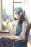  blue_eyes blue_hair chair cup european_clothes fire_emblem fire_emblem_awakening hanasaki_komugi holding holding_cup long_hair looking_at_viewer sitting smile tea teacup virion_(fire_emblem) window 