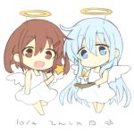  2girls alternate_costume angel angel_wings blue_eyes blue_hair brown_eyes brown_hair candle chibi dress fang full_body halo hibiki_(kantai_collection) hizuki_yayoi holding holding_wand ikazuchi_(kantai_collection) kantai_collection looking_at_viewer multiple_girls open_mouth short_hair simple_background skin_fang wand white_background white_dress wings 