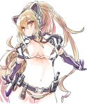  1girl belt belt_pouch black_gloves borrowed_character breasts brown_eyes cleavage elbow_gloves gloves headset key light_brown_hair looking_at_viewer medium_breasts midriff navel parukku phantasy_star phantasy_star_online_2 pouch sidelocks simple_background sketch solo standing triangle_mouth white_background 