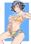  1girl abs adjusting_clothes adjusting_shorts armpits artist_name bangs bikini black_hair blue_background braid breasts brown_eyes commentary cowboy_shot cutoffs girls_und_panzer grey_shorts grin hair_tie half-closed_eyes head_tilt highres large_breasts leg_up legs lifted_by_self looking_at_viewer micro_shorts muscle muscular_female navel outline outside_border pepperoni_(girls_und_panzer) shinkuukan_(tetsuo3) shirt shirt_lift short_hair shorts side_braid signature skindentation smile solo standing string_bikini swimsuit tank_top unzipped white_outline white_shirt yellow_bikini 