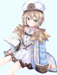  1girl absurdres bare_shoulders bimmy blanc blue_eyes blush book brown_hair coat dress expressionless fur_trim hat highres holding holding_book long_sleeves looking_at_viewer neptune_(series) off_shoulder short_hair simple_background sitting solo spaghetti_strap white_background white_dress 
