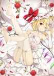  1girl ;) ass bangs bare_shoulders bed_sheet blonde_hair bow choker collarbone crystal dress elbow_gloves eyebrows_visible_through_hair feet flan_(seeyouflan) flandre_scarlet flower full_body garter_straps gloves hair_between_eyes hair_flower hair_ornament hand_up hat hat_bow highres legs_up long_hair looking_at_viewer lying mob_cap no_shoes on_back one_eye_closed one_side_up panties petals pillow red_bow red_eyes red_flower red_rose ribbon ribbon_choker rose rose_petals smile solo strapless strapless_dress thighhighs thighs touhou underwear white_bow white_choker white_dress white_flower white_gloves white_headwear white_legwear white_panties white_ribbon white_rose wings 