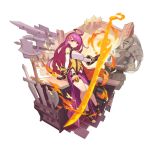  1girl ahoge armor axe belt breasts cleavage_cutout dragalia_lost fire flame forge full_body garters gloves holding katana large_breasts long_hair looking_at_viewer non-web_source official_art purple_hair red_eyes rena_(dragalia_lost) saitou_naoki sitting smile solo sword transparent_background weapon 