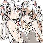  2girls alternate_costume amatsukaze_(kantai_collection) animal_ears bangs bare_shoulders blush breasts brown_eyes brown_hair bunny_ears bunnysuit cleavage closed_mouth collar collarbone commentary eyebrows_visible_through_hair frown gloves hair_between_eyes hair_tubes highres johnston_(kantai_collection) kantai_collection long_hair multiple_girls orange_neckwear poyo_(hellmayuge) red_neckwear silver_hair simple_background sweat sweating_profusely two_side_up upper_body v-shaped_eyebrows white_background white_gloves windsock 