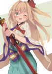  1girl ;d blonde_hair blush bow choker eip_(pepai) granblue_fantasy green_eyes hair_ornament hair_ribbon holding holding_weapon japanese_clothes katana kimono long_hair long_sleeves mirin_(granblue_fantasy) one_eye_closed one_side_up open_mouth ribbon ribbon_choker sheath simple_background smile solo sword weapon wide_sleeves 