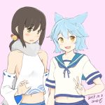  2girls animal_ears azur_lane bell black_hair blue_hair blue_neckwear blue_sailor_collar brown_eyes cosplay costume_switch crossover dated detached_sleeves fox_ears fubuki_(azur_lane) fubuki_(azur_lane)_(cosplay) fubuki_(kantai_collection) fubuki_(kantai_collection)_(cosplay) hair_bell hair_ornament kantai_collection looking_at_viewer low_ponytail multiple_girls namesake open_mouth pink_background ponytail rabinidaddo sailor_collar scarf school_uniform serafuku short_hair short_ponytail sidelocks twitter_username white_scarf yellow_eyes 