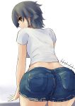  1girl absurdres arm_support artist_name ass bangs black_hair black_shorts braid brown_eyes casual closed_mouth commentary cowboy_shot denim denim_shorts eyebrows_visible_through_hair from_behind girls_und_panzer highres kakimoto_nao leaning_forward looking_at_viewer looking_back midriff pepperoni_(girls_und_panzer) shirt short_hair short_shorts shorts side_braid signature smile solo standing t-shirt white_background white_shirt 