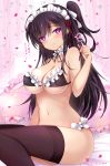  1girl bare_arms bare_shoulders black_bra black_hair black_panties bra breasts brown_legwear choker cleavage collarbone frilled_bra frilled_choker frilled_panties frills hand_up headdress heart heart-shaped_pupils ichiyou_moka large_breasts long_hair looking_at_viewer navel one_side_up original panties pillow purple_eyes sidelocks sitting smile solo star stomach symbol-shaped_pupils thighhighs translation_request twitter_username underwear 