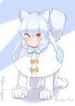  1girl 38b48bfrm all_fours animal_ears arctic_fox_(kemono_friends) bangs blue_neckwear blue_skirt bow bowtie capelet character_name commentary_request eyebrows_visible_through_hair eyes_visible_through_hair fox_ears fox_tail full_body fur-trimmed_sleeves fur_trim gloves hair_between_eyes highres kemono_friends long_hair long_sleeves looking_at_viewer original pantyhose scientific_name silver_hair simple_background skirt smile solo tail white_capelet white_gloves white_legwear 