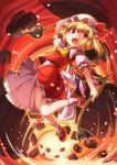  1girl :d blonde_hair bobby_socks commentary cravat debris destruction embers eyebrows_visible_through_hair fang fiery_background fire flandre_scarlet folded_leg full_body fun_bo hair_between_eyes hand_on_own_head hat hat_ribbon holding holding_weapon laevatein looking_at_viewer mary_janes mob_cap open_mouth petticoat puffy_short_sleeves puffy_sleeves red_eyes red_footwear red_skirt red_vest ribbon rock shirt shoes short_hair short_sleeves side_ponytail skin_fang skirt skirt_set smile socks solo touhou vest weapon white_headwear white_legwear white_shirt wind wind_lift yellow_neckwear 