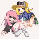  2girls :o bangs baseball_cap black_shorts black_sweater blonde_hair blue_sweater blunt_bangs commentary cross-laced_footwear domino_mask dress_shirt fang floating green_footwear green_shirt grey_background grey_eyes grey_legwear gym_shorts hat inkling light_blush logo long_sleeves looking_at_viewer maco_spl makeup mascara mask multiple_girls octarian octoling pink_hair pointy_ears print_hat shirt shoes shorts simple_background sneakers socks splatoon_(series) splatoon_2 striped striped_shirt suction_cups sweater tentacle_hair v-neck white_shirt yellow_headwear yellow_tongue 