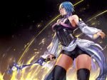  1girl aqua_(kingdom_hearts) bare_shoulders bike_shorts black_legwear blue_eyes blue_hair breasts closed_mouth commentary corset detached_sleeves fire gloves keyblade kingdom_hearts kingdom_hearts_birth_by_sleep rejean_dubois short_hair solo thighhighs 