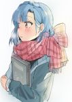  1girl blue_hair blue_jacket blush book braid chocho_(homelessfox) eyebrows_visible_through_hair french_braid holding holding_book idolmaster idolmaster_million_live! jacket looking_to_the_side medium_hair mole mole_under_eye nanao_yuriko nose_blush parted_lips plaid plaid_scarf red_scarf scarf simple_background solo steam upper_body white_background yellow_eyes 