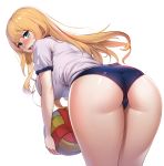  1girl absurdres ass ball bangs bent_over blonde_hair blue_buruma blue_eyes blush breasts buruma gym_shirt gym_uniform highres holding large_breasts long_hair looking_at_viewer looking_back mingakk open_mouth original shirt simple_background solo volleyball white_background 