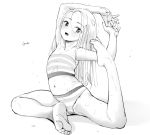  1girl armpits arms_up bare_shoulders barefoot bikini blush feet flat_chest flexible full_body gymnastics hands_together leaning_back leg_up legs long_hair masuda_(yousaytwosin) monochrome navel open_mouth original simple_background sitting sketch soles solo spread_legs strapless strapless_bikini striped striped_bikini swimsuit thighs toes white_background 