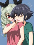  :t anchovy bangs black_hair black_ribbon blue_background blush braid brown_eyes casual closed_eyes commentary drill_hair eyebrows_visible_through_hair flying_sweatdrops frown girls_und_panzer green_hair green_shirt hair_ribbon hand_on_another&#039;s_face highres long_hair looking_at_another looking_back motion_lines open_mouth pepperoni_(girls_und_panzer) red_eyes red_shirt ribbon ruka_(piyopiyopu) shirt short_hair short_sleeves side_braid sweat t-shirt translated twin_drills twintails upper_body v-neck wavy_mouth 