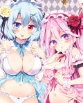  2girls :o :p argyle argyle_background arm_garter babydoll bangs bare_shoulders black_ribbon blue_eyes blue_hair blue_hairband blue_neckwear blue_ribbon blush bow bow_panties bra breasts cleavage collar colored_eyelashes commentary_request detached_collar detached_sleeves eyebrows_visible_through_hair finger_to_mouth flower frilled_collar frilled_hairband frilled_panties frills grey_background groin hair_between_eyes hair_flower hair_ornament hair_ribbon hairband hata_no_kokoro heterochromia large_breasts lolita_hairband long_sleeves looking_at_viewer maturiuta_sorato medium_breasts multiple_girls navel neck_ribbon panties parted_lips pink_hair polka_dot polka_dot_panties purple_eyes red_eyes red_flower red_hairband red_rose ribbon rose short_hair side-tie_panties smile stomach tatara_kogasa tongue tongue_out touhou underwear underwear_only upper_body white_bra wrist_cuffs x_hair_ornament yellow_flower yellow_rose 