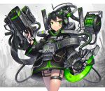  1girl black_hair bracelet cable coat commentary_request facial_mark gia green_eyes gun headgear headphones highres huge_weapon jewelry looking_at_viewer mecha_musume medium_hair original ponytail ruins science_fiction solo tube unmoving_pattern weapon zipper_pull_tab 