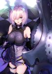  1girl arm_guards armored_leotard bare_shoulders black_legwear black_leotard breasts elbow_gloves eyebrows_visible_through_hair fate/grand_order fate_(series) gloves hair_over_one_eye highres holding_shield large_breasts leotard mash_kyrielight ninoude_(ninoude44) open_mouth pink_hair pov purple_eyes sheath sheathed shield short_hair solo sword thigh_strap thighhighs vambraces weapon 