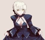  1girl absurdres artoria_pendragon_(all) bangs beige_background blonde_hair braid breasts cleavage collarbone commentary_request dcoagt dress eyebrows_visible_through_hair fate/grand_order fate/stay_night fate_(series) highres large_breasts looking_at_viewer puffy_sleeves ribbon saber_alter short_hair simple_background solo yellow_eyes 