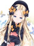  1girl abigail_williams_(fate/grand_order) bangs black_bow black_dress black_headwear blonde_hair blue_eyes blush bow bug butterfly chiutake_mina dress fate/grand_order fate_(series) forehead hair_bow hat highres insect long_hair looking_at_viewer multiple_bows multiple_hair_bows orange_bow parted_bangs ribbed_dress sleeves_past_fingers sleeves_past_wrists solo stuffed_animal stuffed_toy teddy_bear white_background 