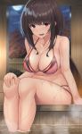  1girl absurdres bangs bare_arms bare_legs bare_shoulders bikini black_hair blush breasts cloud collarbone commentary_request eyebrows_visible_through_hair fate/grand_order fate_(series) feet_out_of_frame halterneck highres large_breasts long_hair looking_at_viewer moon night night_sky onsen open_mouth osakabe-hime_(fate/grand_order) phano_(125042) pink_bikini red_eyes sidelocks sitting sky soaking_feet solo steam swimsuit thighs water wet 