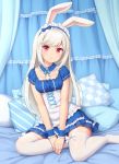  1girl animal_ears bed blue_dress blue_theme breasts bunny_ears bunny_girl canopy_bed checkered closed_mouth commentary detached_collar dress frilled_dress frills headdress long_hair looking_at_viewer medium_breasts no_shoes on_bed original pillow red_eyes sasaame short_sleeves silver_hair sitting solo striped thighhighs white_legwear wrist_cuffs yokozuwari zettai_ryouiki 