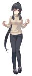  1girl alternate_costume anchor black_hair black_pants blush breasts brown_sweater coffee_mug cup denim full_body hair_between_eyes holding holding_cup ichinomiya_(blantte) kantai_collection large_breasts long_hair long_sleeves looking_at_viewer mug open_mouth pants red_eyes sidelocks simple_background slippers smile solo sweater turtleneck very_long_hair white_background yahagi_(kantai_collection) 