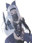  1girl alternate_costume bangs bare_shoulders black_choker bow breasts choker cleavage commentary_request elbow_gloves eyebrows_visible_through_hair gauntlets girls_frontline gloves gun hair_bow hairband handgun highres holding holding_gun holding_weapon knife labyrinth_of_the_dark long_hair pistol red_eyes sidelocks silver_hair simple_background small_breasts solo take_(trude1945oneetyan) tokarev_(girls_frontline) veil very_long_hair weapon white_background 