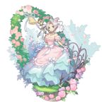  1girl :d blue_eyes bow bride dragalia_lost dress flower full_body garland_(decoration) grass heart holding looking_at_viewer non-web_source official_art open_mouth ribbon saitou_naoki smile solo transparent_background white_hair xania 